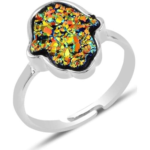 Silverlina Silver Fatma Master Hand Druzy Gemstone Adjustable Tall Ring