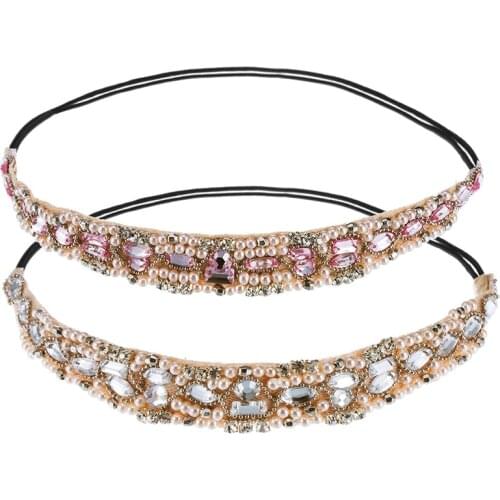 Wedding Hair Accessories Fashion Crystal Rhinestone Beads Handmade Elastic Pearl Headband Manual Club Beaded Headdress Headwrap