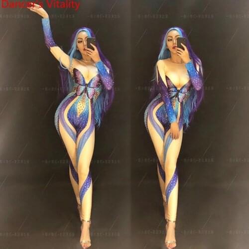 Nightclub Bar Women Singer DJ Performance Costume Sexy Rhinestone Blue Butterfly Fairy Party Carnival Pole Jazz Dancing Body Sui