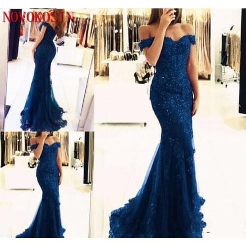 High Quality 2019 Mermaid Beads Lace Applique Tulle Formal Long Evening Dress Party Gown Blue Off Shoulder Prom Dress