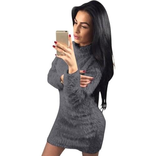 Womens Hairy High Neck Long Sleeve Sweater Dress Holiday Party Casual Slim Solid Dress Autumn Winter Warm Soft Dress