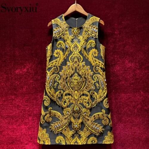 Svoryxiu 2021Designer Fashion Summer Vintage Party A Line Short Dress Womens Diamond Beaded Gold Line Jacquard Black Dresses