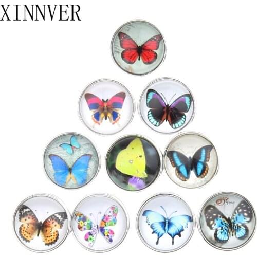 10 Pcs/lot Beautiful Butterfly Snap Button 18MM Round Glass Xinnver Snaps Jewelry Snap Fit Snap Bracelet ZB310