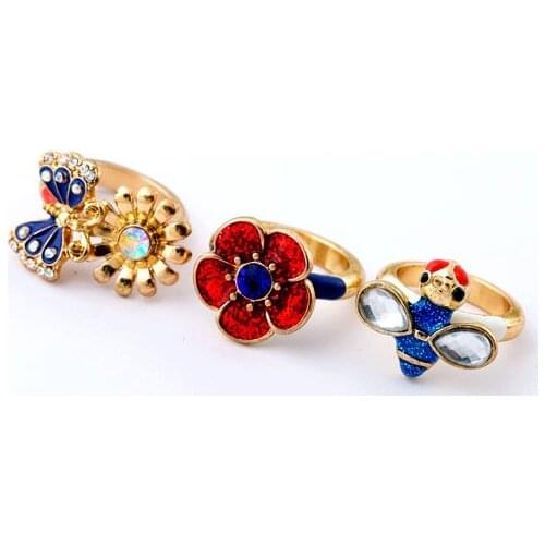 3 Pcs/Set Multicolor Crystal Enamel Flower Bee Butterfly Ring Accessories Cute & Sweet Women Insect Ring Wholesale