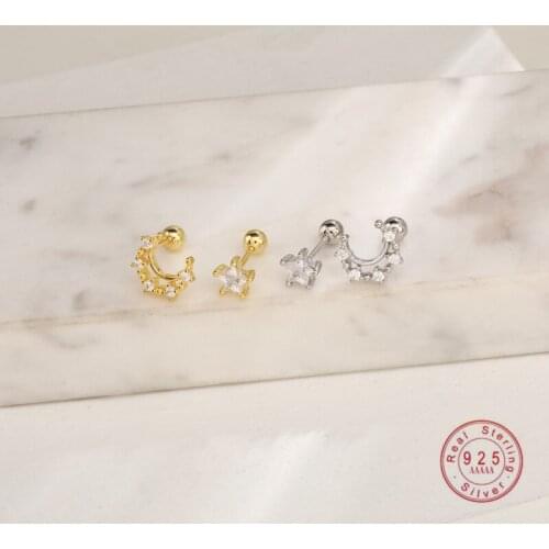 925 Sterling Silver French New Style Inlaid Crystal Star Moon Stud Earrings Women Exquisite Daily Match Jewelry