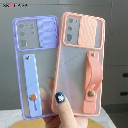 Candy Color Wrist Strap Stand Phone Case for Samsung Quantum 2 A82 S21 S20 Ultra F62 M62 Note 20 Slide Camera Protection Cover