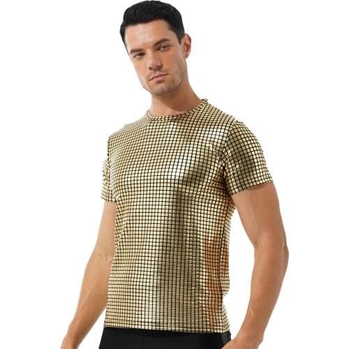 Fashion Streetwear Metallic Shiny Plaid T-shirt Men Casual Round Neck Short Sleeve Tops for Theme Party Nightclub Stage Show