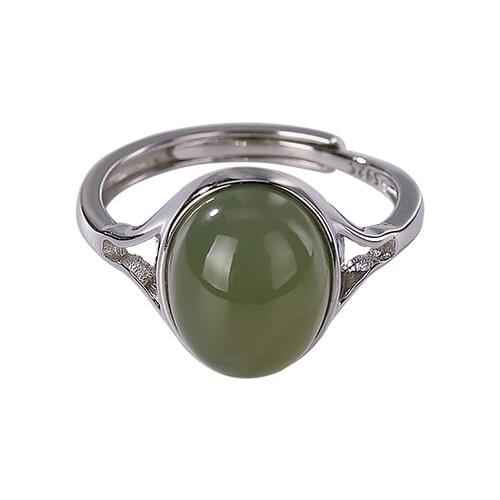 S925 sterling silver natural Hetian gray jade ring retro personality and minimalism all-match Womens Open ring