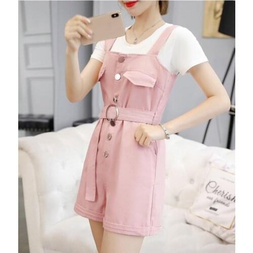 Casual Loose Women Denim Playsuits Overalls Single Breasted Pocket Short Jumpsuits Jeans Fashion Clothes Female With Belt