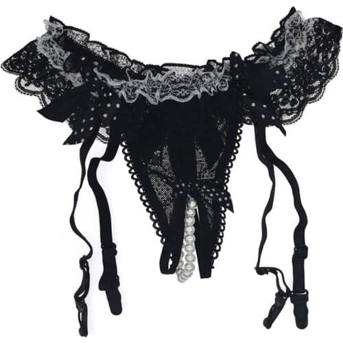 Lace Pearl G string Garter Belt For Women Sexy Lingerie Stocking Sheer Suspender Belt Bowknots Suspenders