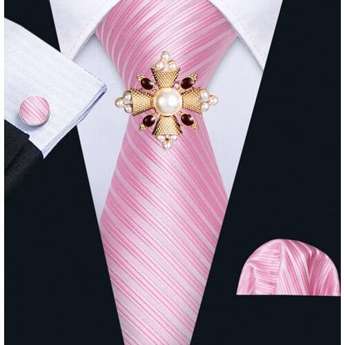 Mens Wedding Tie Pink Striped Silk Tie Hanky Brooch Set Barry.Wang Jacquard Woven Fashion Designer Neck Ties For Men Party