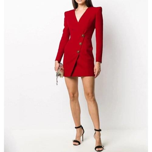 2021 Spring Autumn New Arrival European Style V-neck Three Buttons Straight High Street Quality Red Short Dress