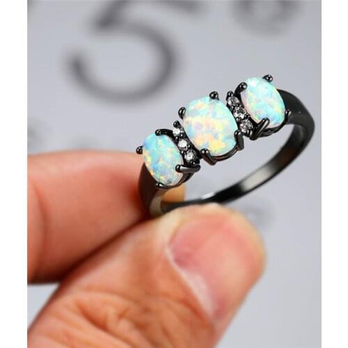 White Fire Opal Engagement Ring Boho Female Small Oval Stone Ring Vintage 14KT Black Gold Wedding Rings For Women Bridal Jewelry