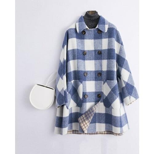 2019 spring new handmade wool double-sided coat woolen coat female long section cashmere blue grid Korean version