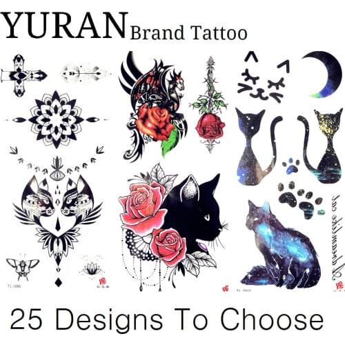 Henna Tattoo Stickers Sky Black Cats Rose Flower Moon Body Art Painting Tatoo Legs Chest Neck Party Makeup Girls Women Tattoo