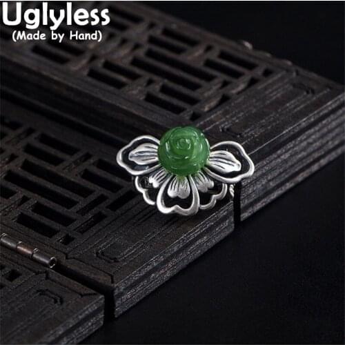 Uglyless Unisex Vintage Thai Silver Insects Butterfly Brooches for Women Natural Jasper Flowers Pins for Men 925 Silver Jewelry