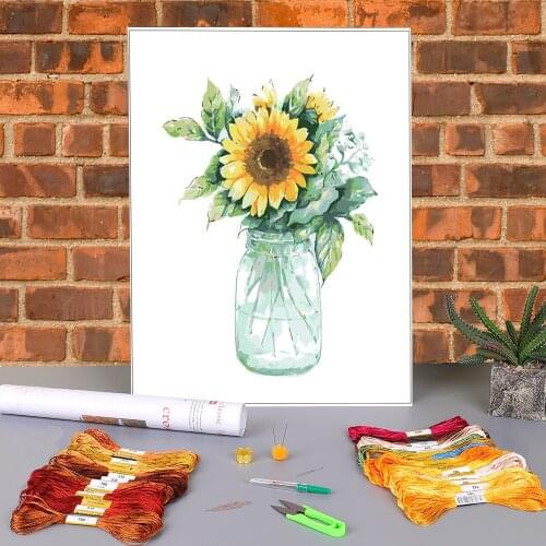 Flower Sunflower Printed Water-Soluble Canvas 11CT Cross Stitch Full Kit DIY Embroidery DMC Threads Knitting Adults