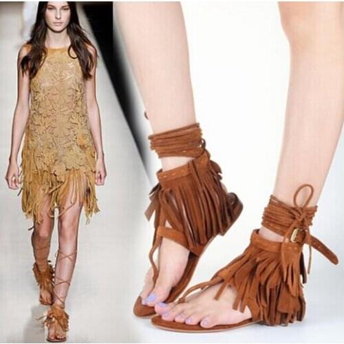 Cheap Price Hot Selling Ethnic Black Brown Suede Leather Ankle Lace-up Sandals Fringe Buckle Flat shoes woman Tassel Summer Sand
