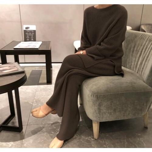 2021 New Fashion Winter Womens Thicken Warm Knitted Pullover Sweater Two Piece Suits+High Waist Loose Wide Leg Pants Set