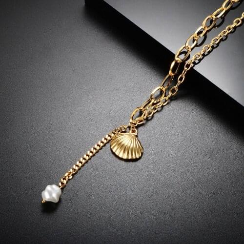 ZMFashion Freshwater Pearl Shell Pendant Women Necklace High Quanlity Charm Stainless Steel Long Chain Sweater Necklaces Jewelry