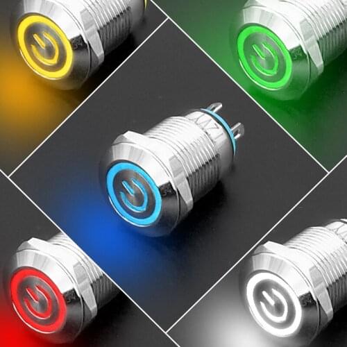 1pc 12mm Metal Push Button Switch Flat Head Power LOGO 3-220V Self-reset Momentary Waterproof Car Auto Eng