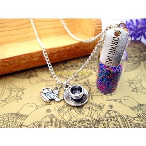 12pcs/lot Drink Me necklace alice in wonderland teapot and cup tea time necklace 2ml glass bottle (inside:9 colors)