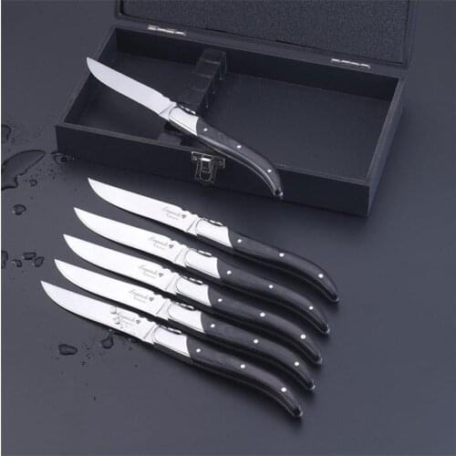 6pcs 8.7" Laguiole Style Steak Knife Stainless Steel Black Wood Handles Dinner Knives Cutlery Flatware Set Western Wedding Gift