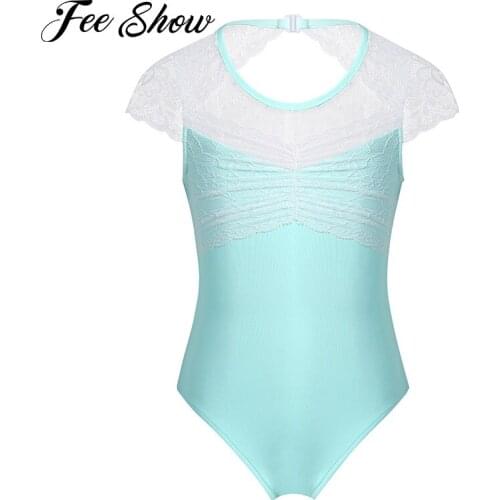 Kids Gymnastics Leotards Tutu Jumpsuits Ballet Dancing Dress Short Sleeves Lace Splice Tulle Ballet Leotards for Girls Dancewear