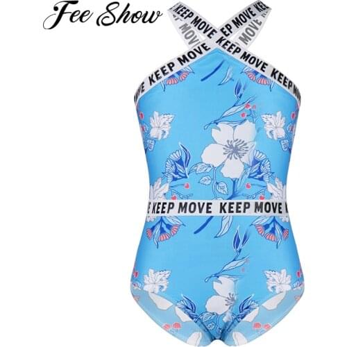 Kids Children Girls Summer Swimwear 2021 Beachwear Sleeveless X Shaped Front and Back Letter FLowers Print Swimsuit Bodysuit