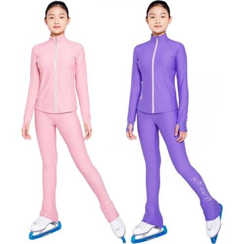 Figure skating costume childrens summer four seasons performance training skating pants quick drying top Purple Pink