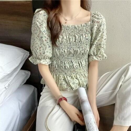 Summer Square Collared Blouse With Ruffle Hem And Floral Chiffon Shirt For Women Girl 2021 Sweet Clothes Vetement Femme Wz