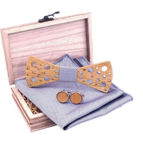 Linbaiway Hollow Carved Wooden Bowtie for Mens Wedding Paperon Corbatas Wood Bow Tie Handkerchief Cufflinks Set Fashion Necktie