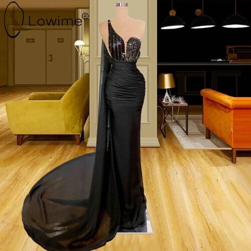 Lowime Pearls Black One Shoulder Long Mermaid Evening Dresses 2021 Arabic Chiffon Wedding Party Gowns Robes Formal Women Wear