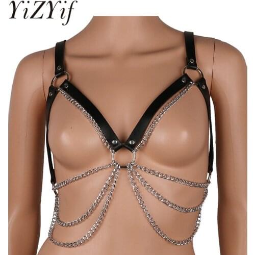 Unisex Body Chest Harness Belt Punk Waist Belts PU Leather Adjustable Body Chest Harness Belt with Metal O-Rings & Tassel Chains