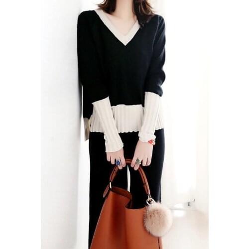 Autumn New Knitted Casual Sports Suit Stitching Womens Sportswear Two-piece Womens Casual Sweater Wide-leg Pants Two-piece