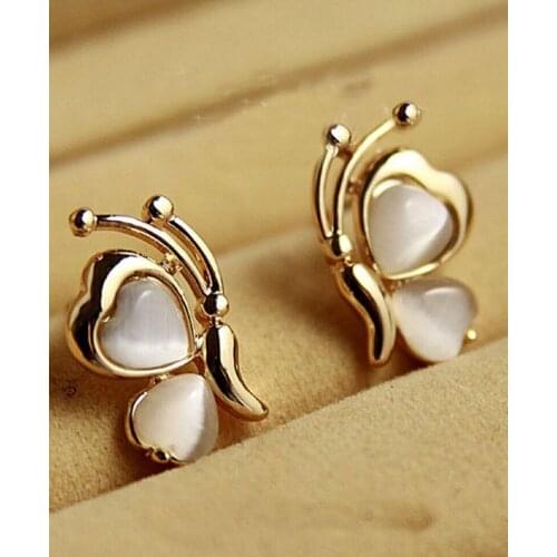 New design butterfly white stone golden plated wing ear pierced earrings