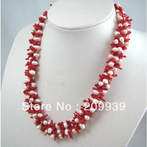Necklace 3 strands red coral stick chip beads mixed pearls 22