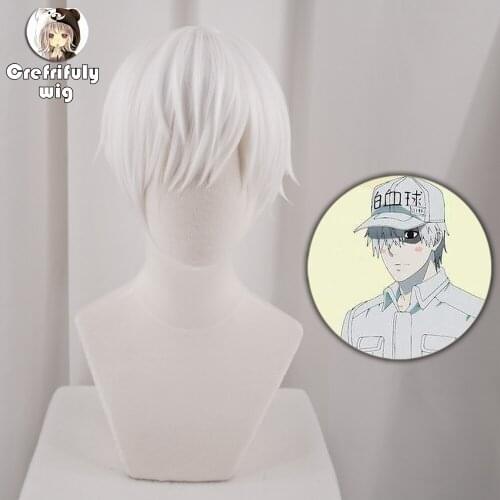 Cells at Work White Blood Cell Short Cosplay Wig Synthetic Hair Halloween Costume Hakkekkyuu Party Anime Wigs + Wig Cap