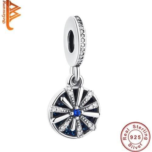 BELAWANG Genuine 925 Sterling Silver Blue Clear CZ Snowflake Dangle Charm Beads fit Bracelets & Necklace DIY Jewelry