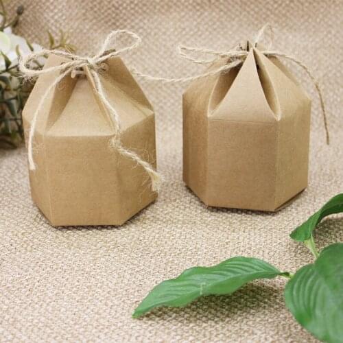 Festive Party Supplies Event paperboard Vintage Yurt Hexagonal Wedding Packaging Sugar Gift Boxes with Hemp Rope 50pc/lot