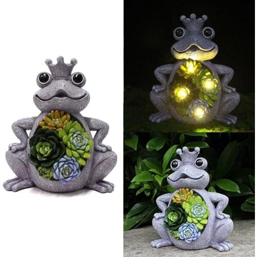 Solar Frog Garden Statue with 4 LEDs Resin Animal Figurine Succulent Plantpot Night Light for Courtyard Garden Landscape Decor
