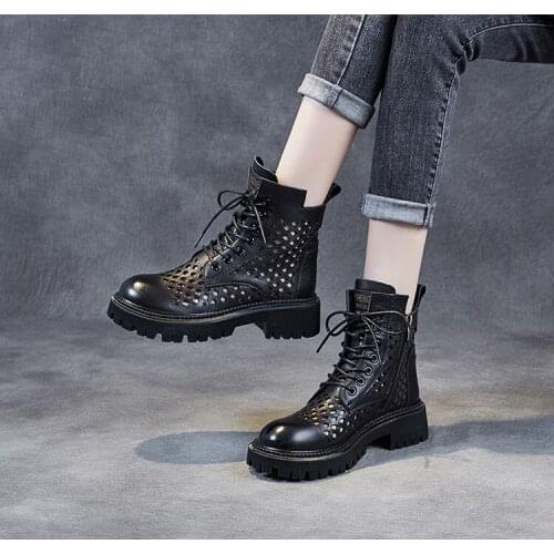 Sandals Women Summer New Fashion Womens Sandals 2021Cool Boots Womens Perforated Mesh Leather Short Boots Thick Heel Boots