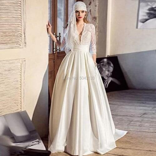 Modest Satin Wedding Dresses 2021 Deep V Neck Long Sleeves Lace A Line Wedding Gowns with Pockets Bride Dress Vestidos de Noiva