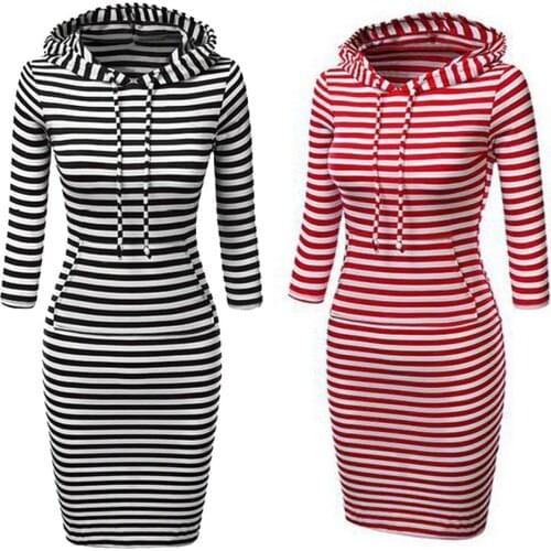 Striped Hooded Sweatshirt Popular Slim Street Wind Long Autumn and Winter Women Pack Buttocks with Hoodie