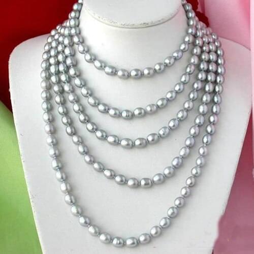 Unique Pearls jewellery Store 100 inches Long Pearl Jewelry 7-8mm Gray Baroque Freshwater Cultured Pearl Necklace