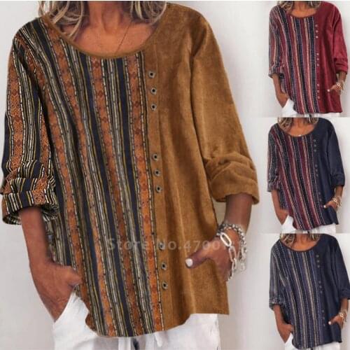 Medieval Women Retro Printed Corduroy Tee Tops Indian Pakistan Clothing Casual T-shirt Fashion Loose Blouse Vintage Streetwear