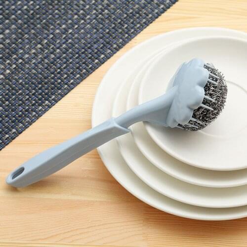 Stainless Steel Wire Ball Brush With Long Handle Kitchen Hanging cleaning brush pan Kitchen Dish handle Washing Tool