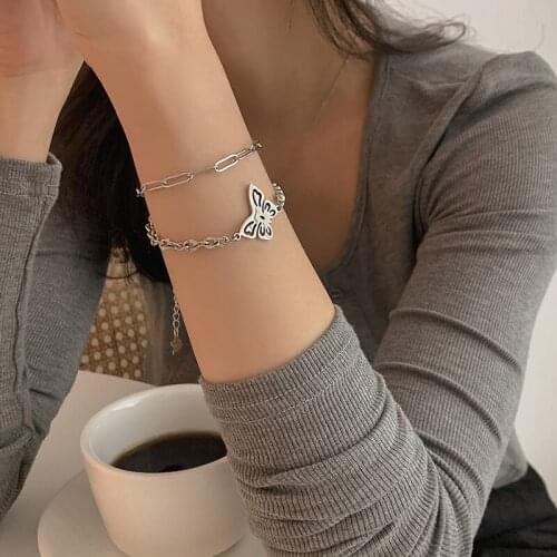 Women bracelet European and American double-layer chain hollow butterfly pendant bracelet 2021 new fashion hip-hop bracelet