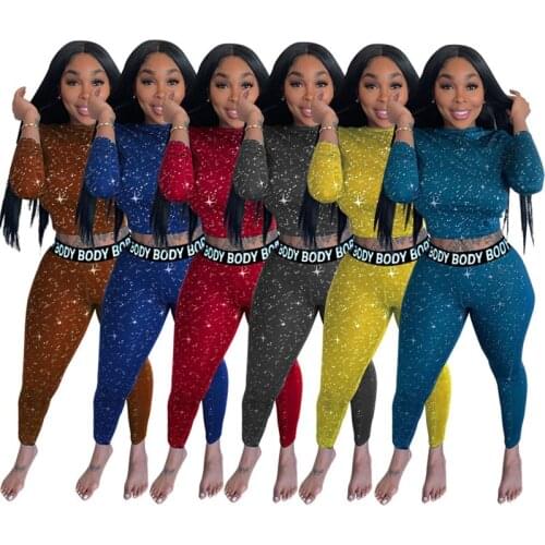 Fashion Casual Body Letter Print 2 Piece Set Two Piece Outfits for Women Crop Top T Shirt & Pencil Pants Long Sets Winter 2020