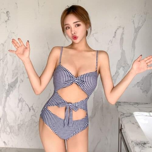 2021 Korean New Fashion Women Swimsuit One Piece Black Plaid Hollow Belly Front Bow Cute Summer Monokini Swimwear